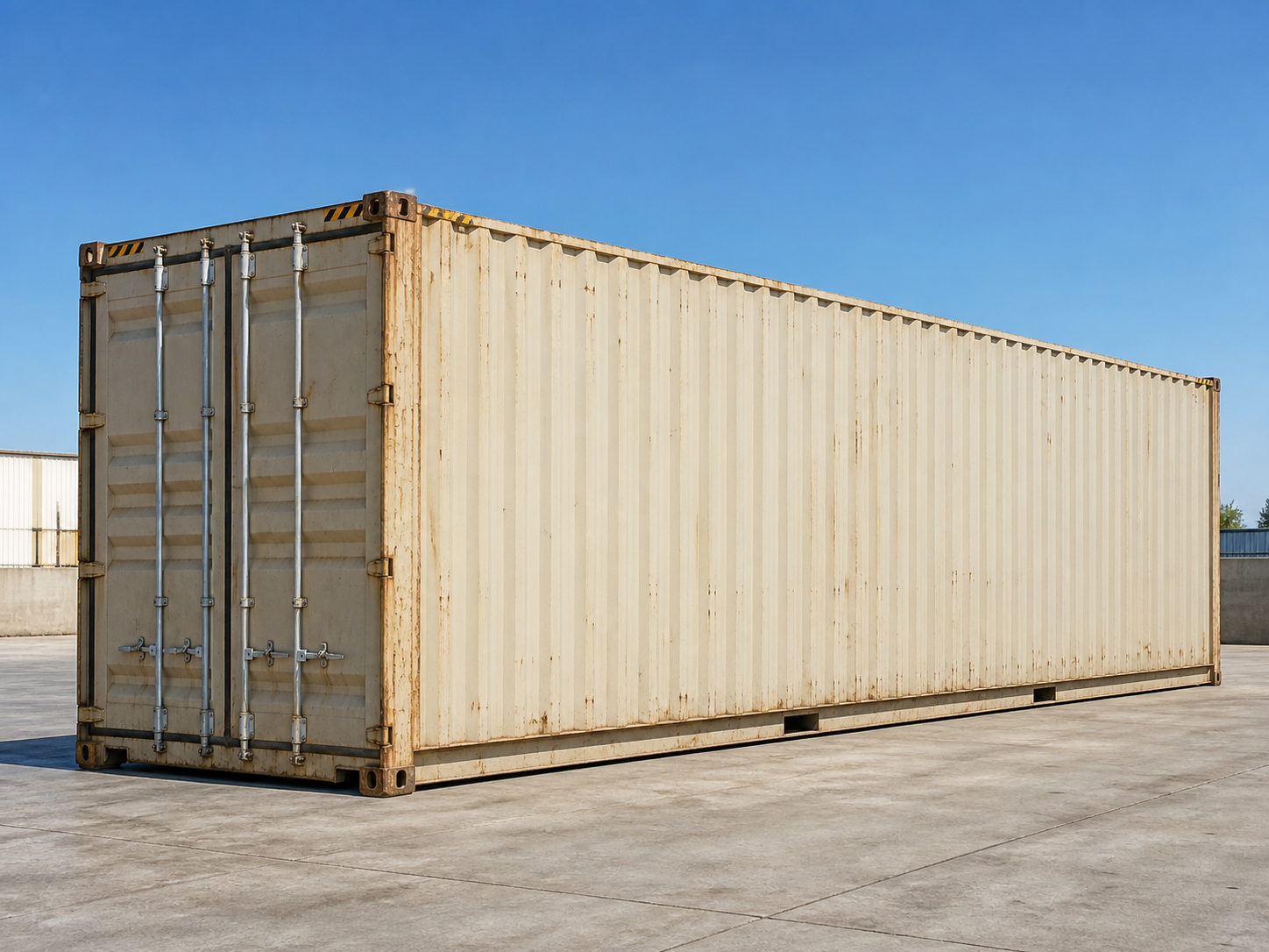 40ft high cube shipping container in an industrial yard
